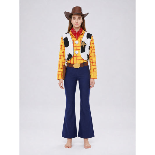 Woody cosplay costume on model: cowboy hat, yellow plaid shirt, cow-print vest and dark blue flared pants, front view