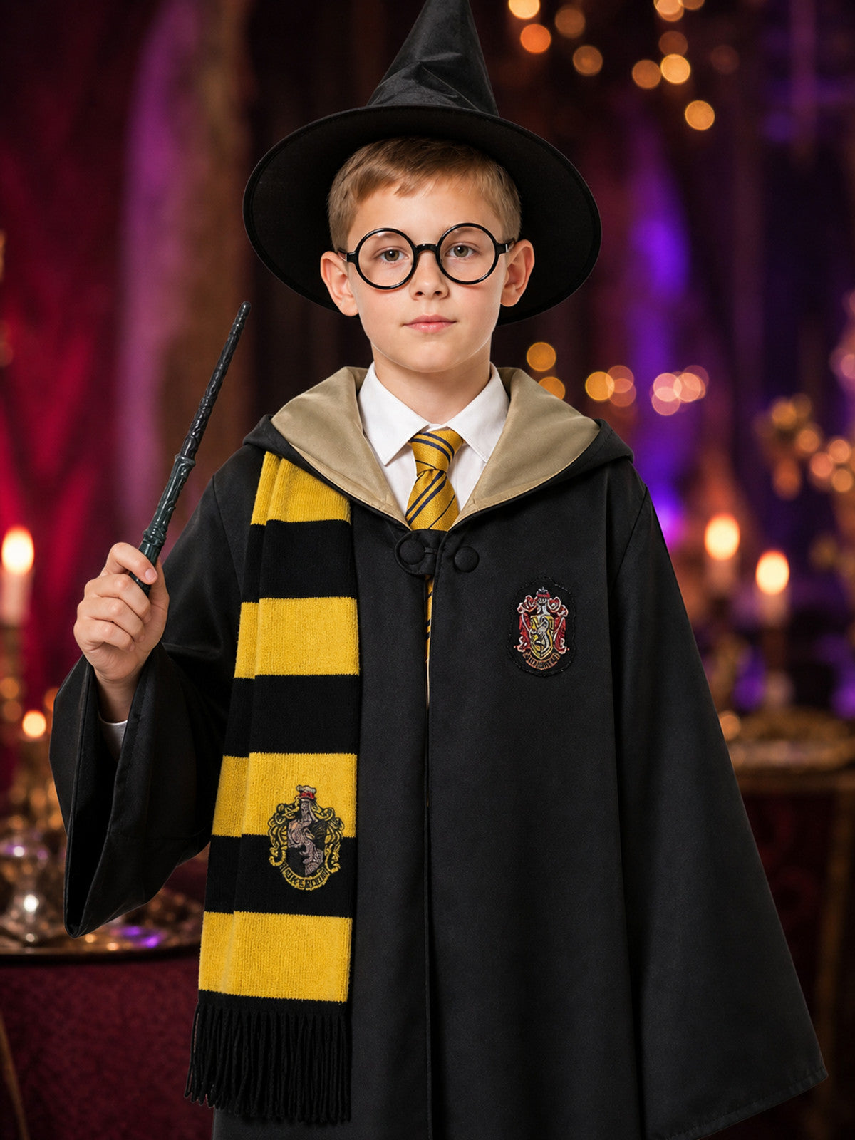 Children's Wizard Costume Set, Hooded Robe with Badge, Scarf, Tie, Hat, Glasses on-model view