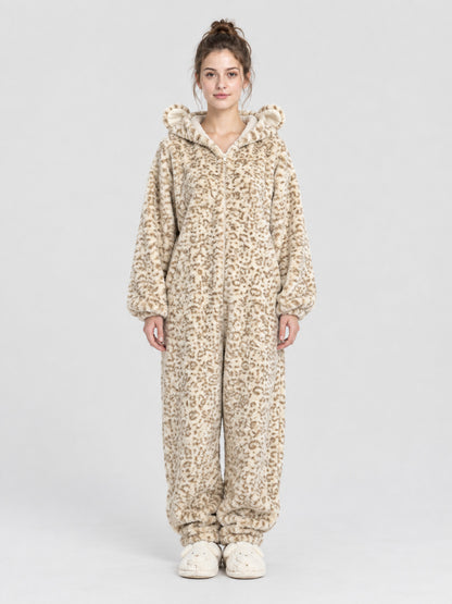 Leopard Print Jumpsuit Pajama with Ears