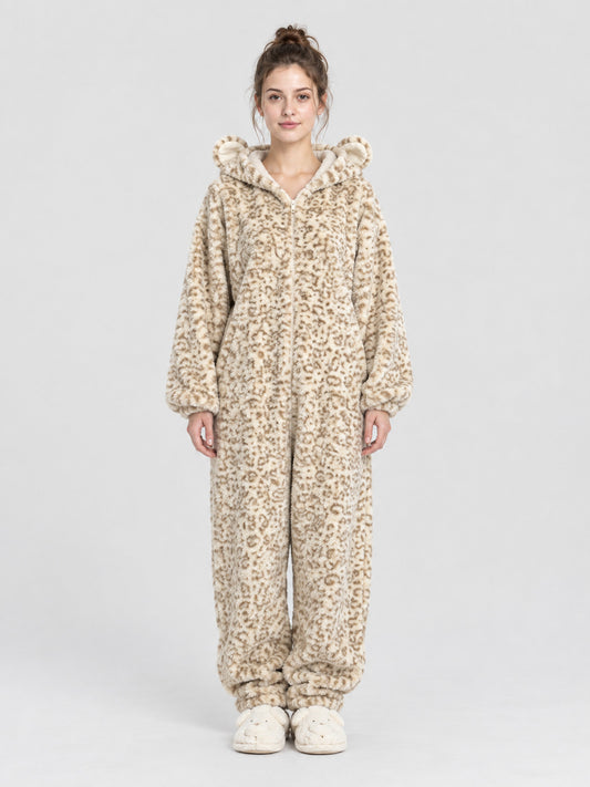 Leopard Print Jumpsuit Pajama with Ears