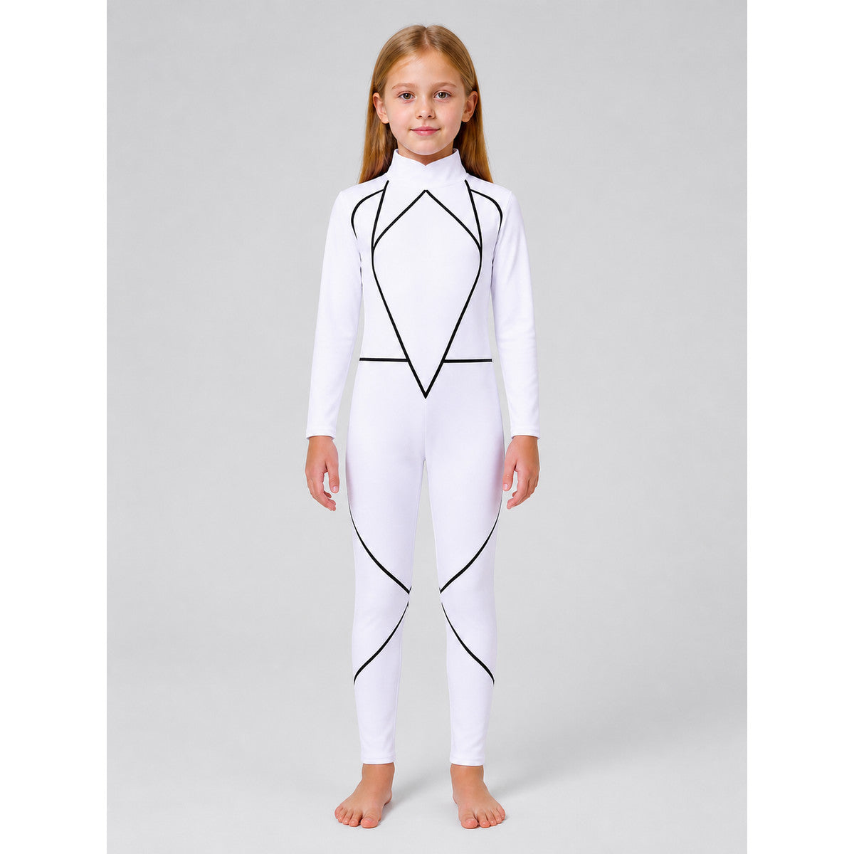 Kids' Cosplay Jumpsuit, White with a High Collar on-model view