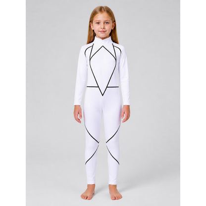 Kids' Cosplay Jumpsuit, White with a High Collar on-model view