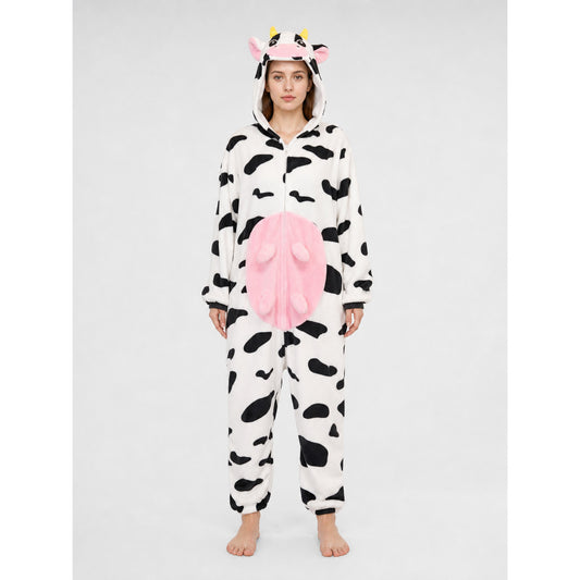Cow-Print Hooded Kigurumi Jumpsuit