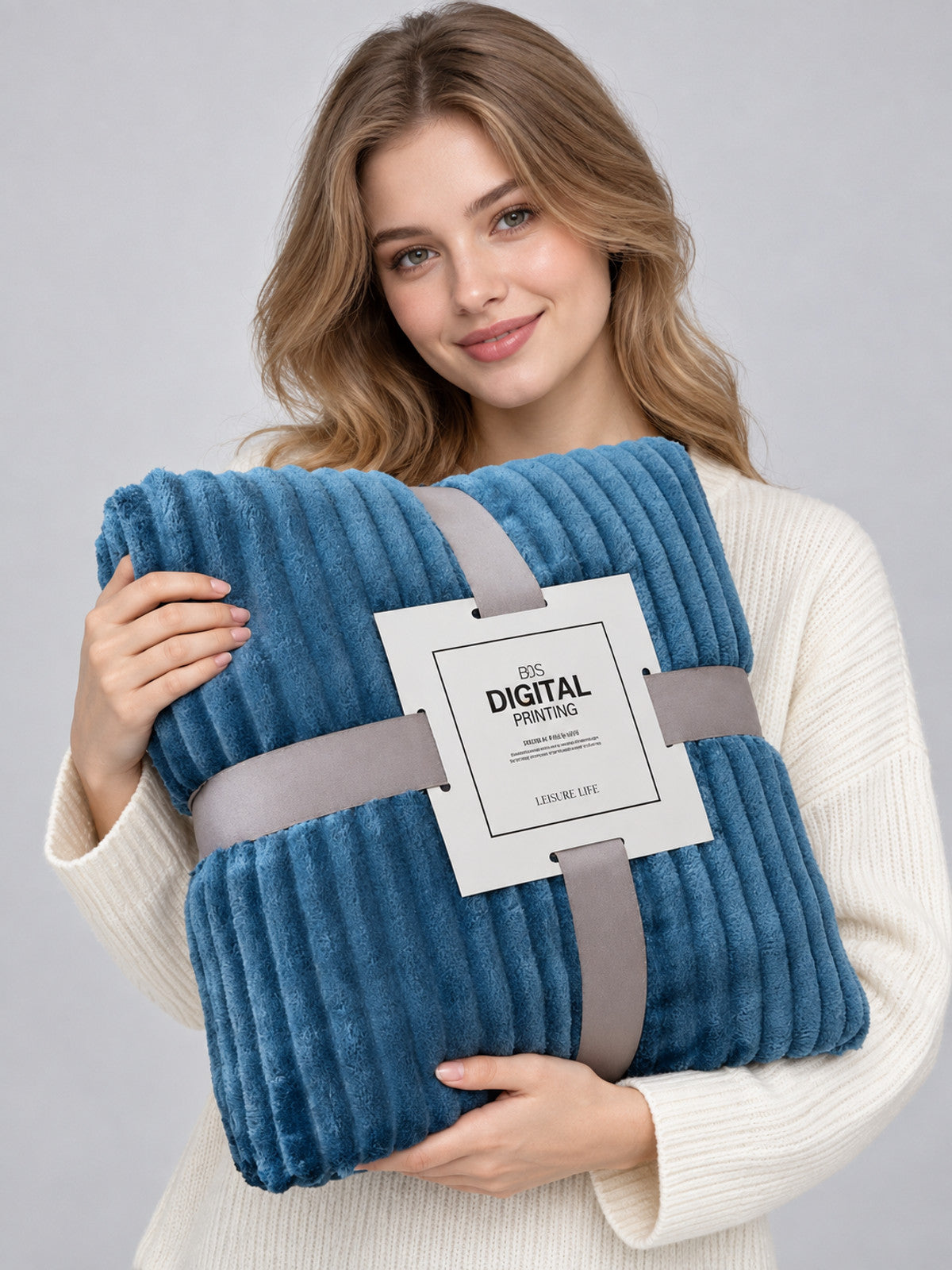 Blue Polyester and Flannel Blanket with Textured Pattern