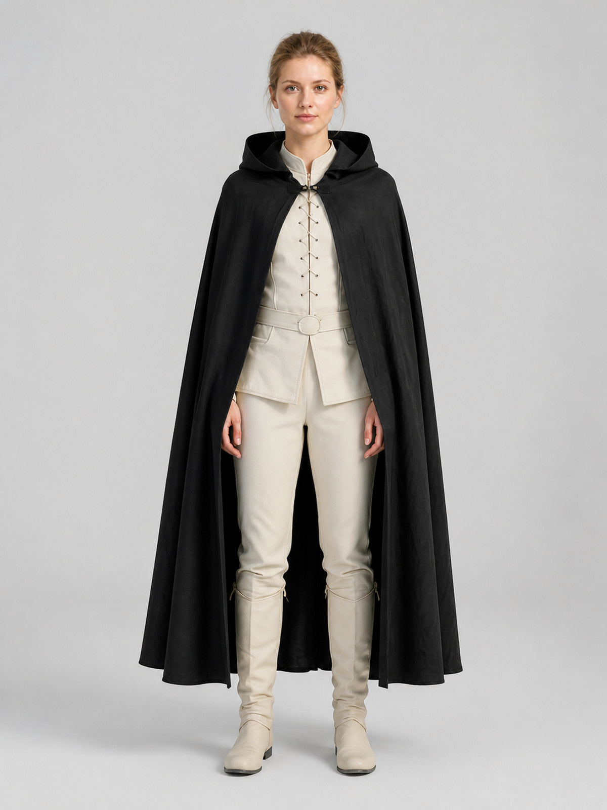 Black Long Hooded Cotton-Linen Cloak