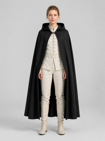 Black Long Hooded Cotton-Linen Cloak