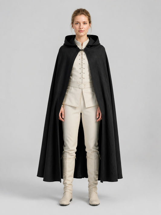 Black hooded cape with a full-length draped silhouette, shown on a standing woman against a plain gray background