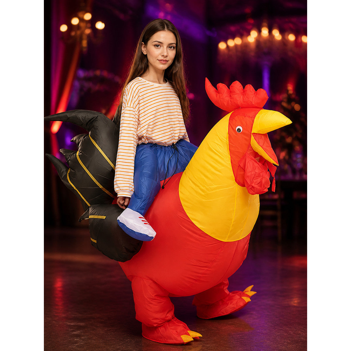 Kids Rooster Inflatable Costume, Red Yellow Black Chicken Suit on-model view