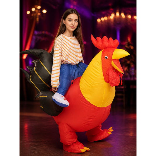 Kids Rooster Inflatable Costume, Red Yellow Black Chicken Suit on-model view