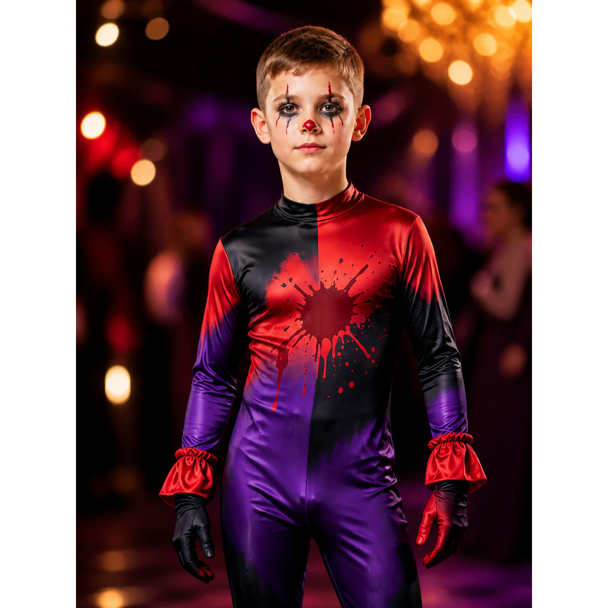 Unisex Halloween Clown Jumpsuit Costume, Purple Gradient Blood Splatter, High on-model view