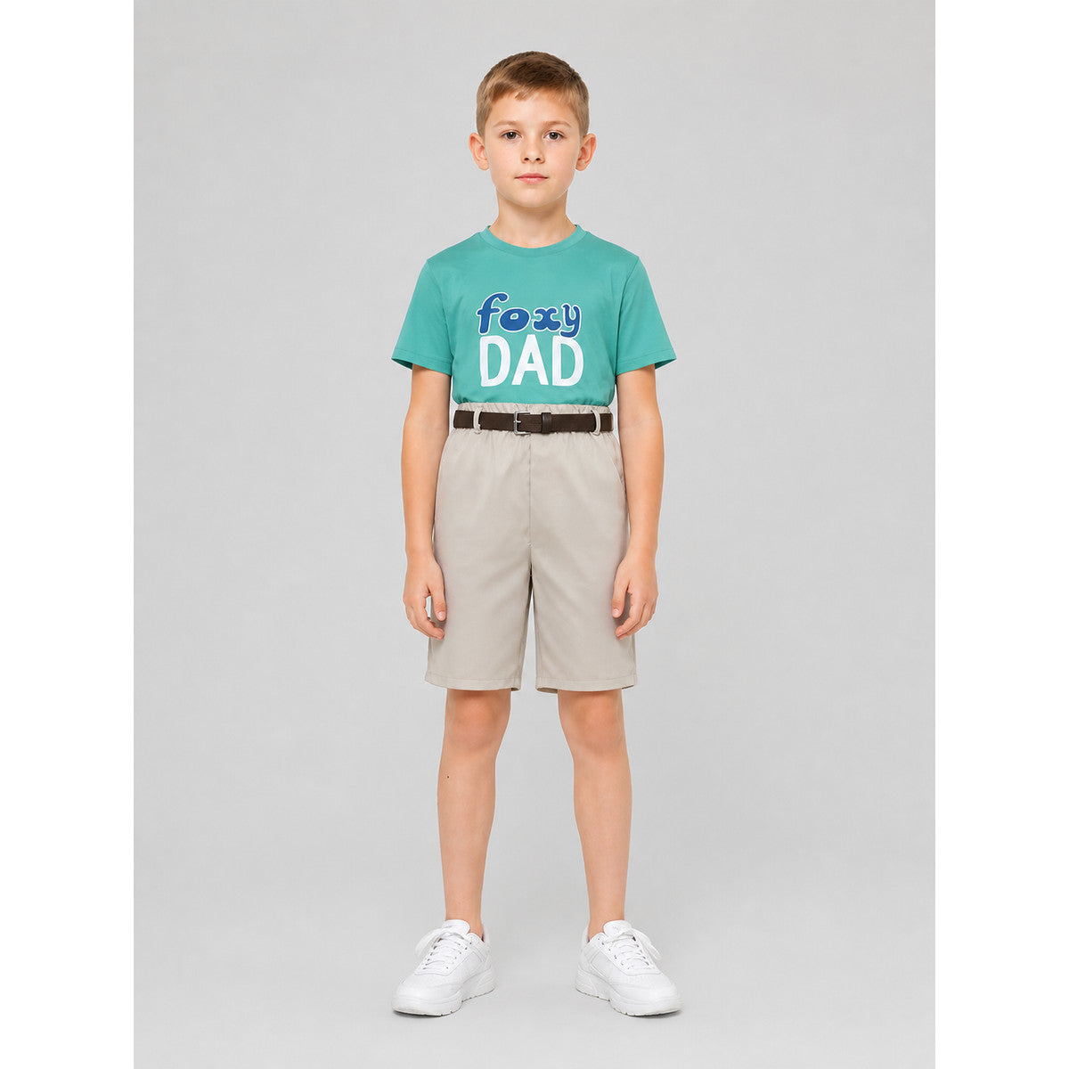 Kids' Foxy Dad Costume with T-Shirt, Shorts, and Belt on-model view