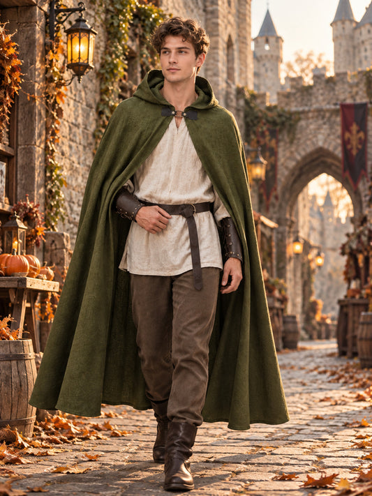 Costume with long cape with hood down to the lower part of the legs, loose