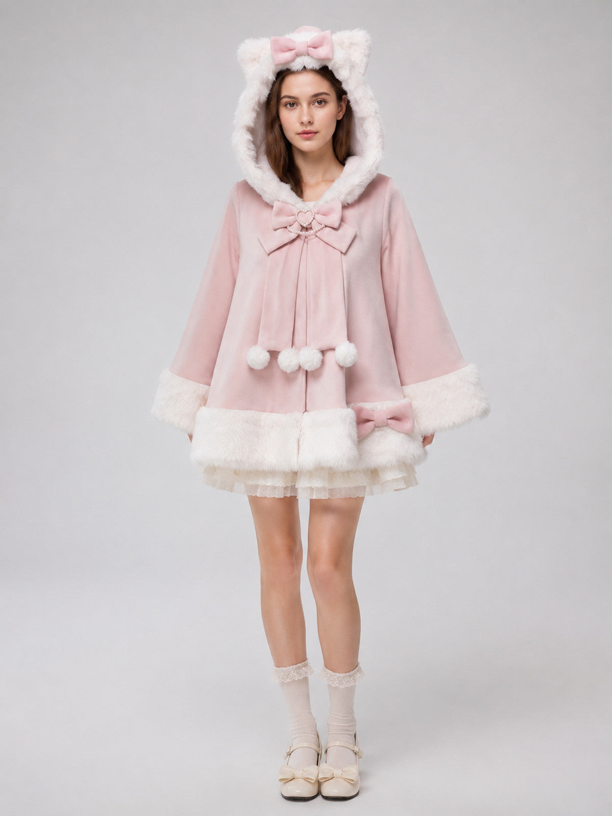 Soft Pink Hooded Cape with Bows and Ears on-model view