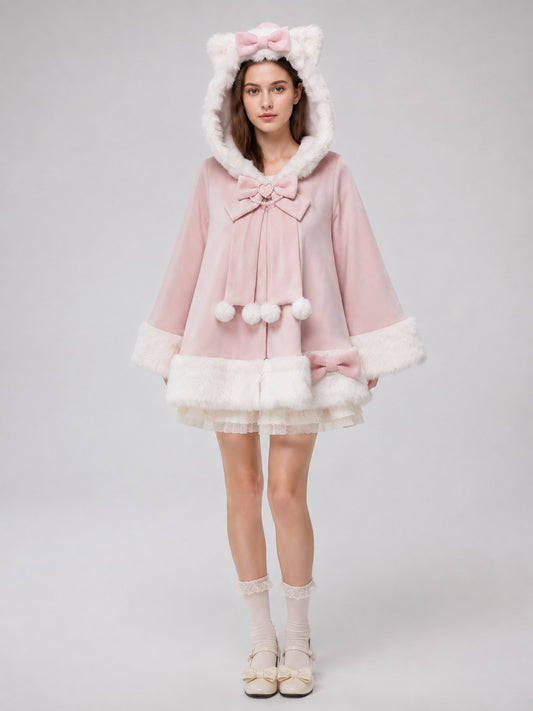 Soft Pink Hooded Cape with Bows and Ears on-model view