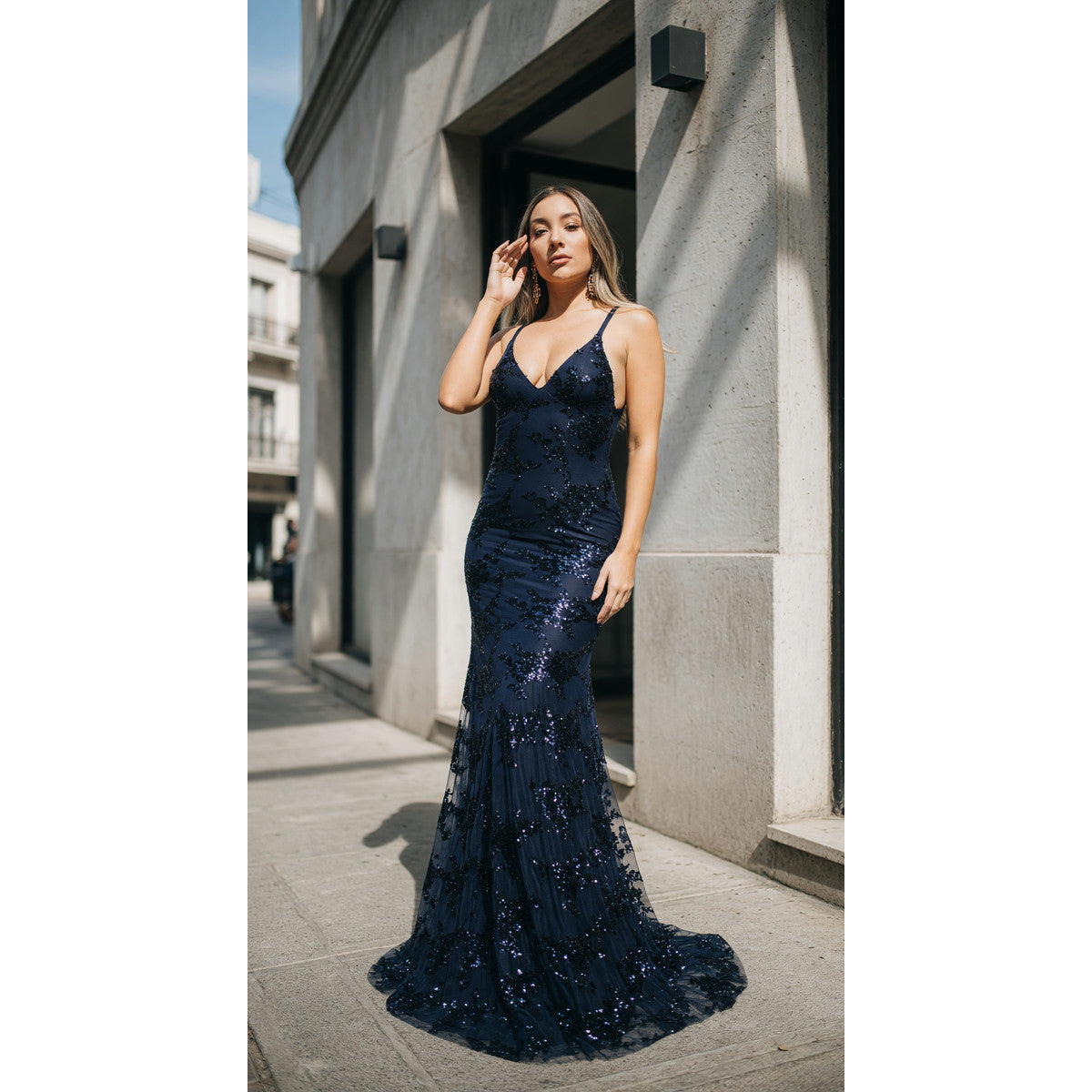 Women's Long Sequin Dress with a Deep V-Neckline