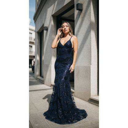 Women's Long Sequin Dress with a Deep V-Neckline
