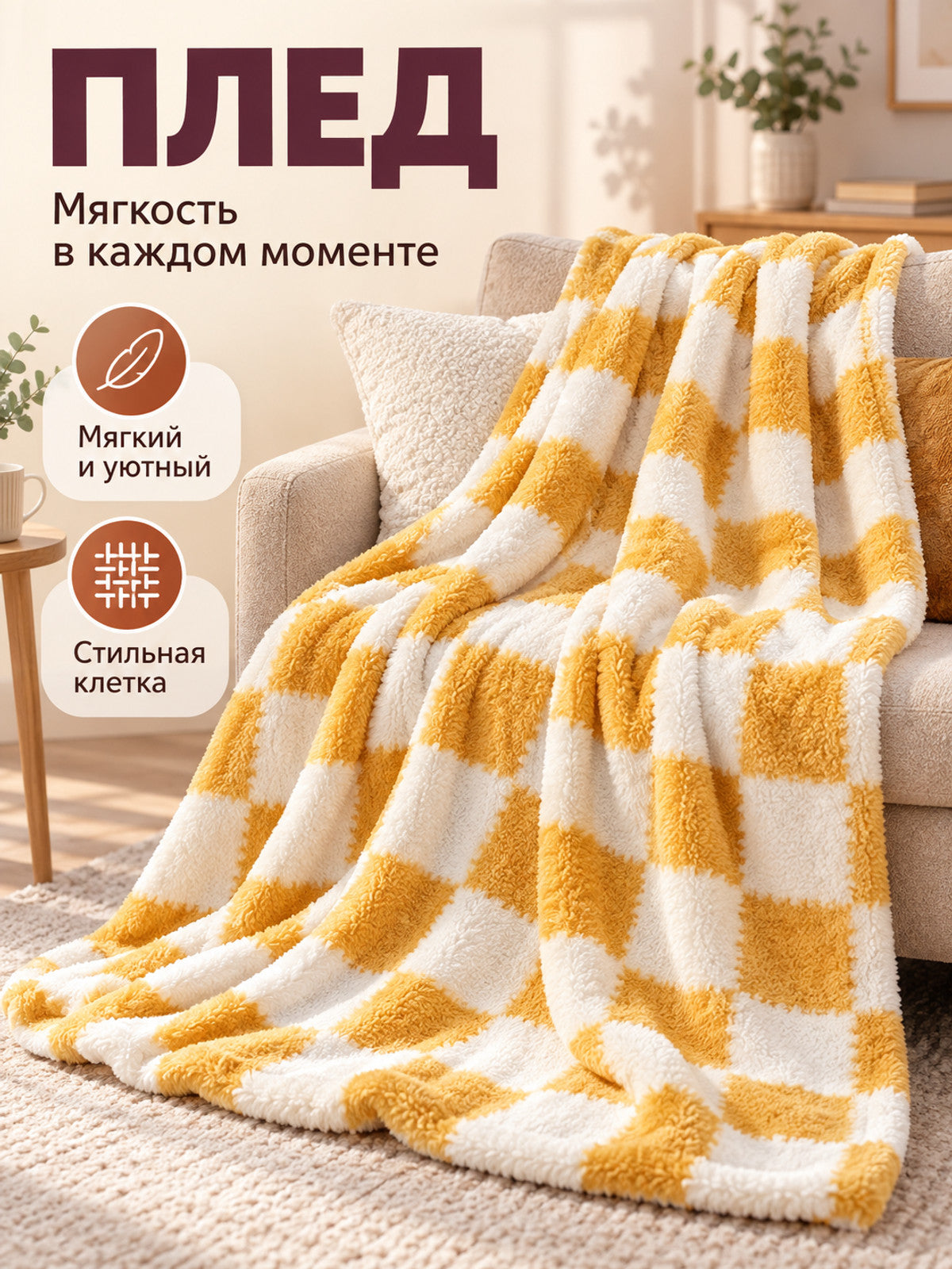 Soft Reversible Yellow and White Large-Checkered Blanket