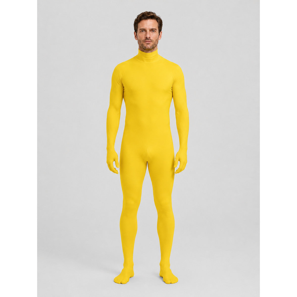 Yellow zentai jumpsuit with hood and gloves on-model view