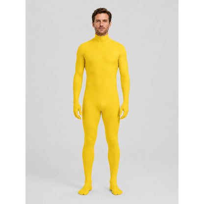Yellow zentai jumpsuit with hood and gloves on-model view