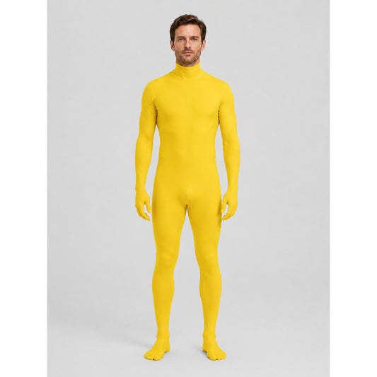 Yellow zentai jumpsuit with hood and gloves on-model view