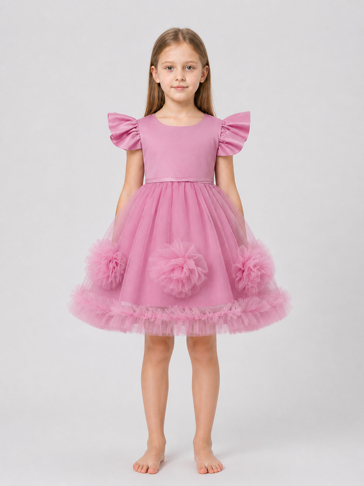 Pink Children's Princess Dress with 3D Flowers on-model view