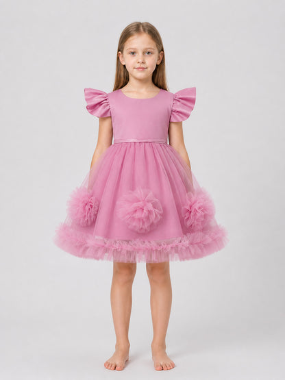 Pink Children's Princess Dress with 3D Flowers on-model view