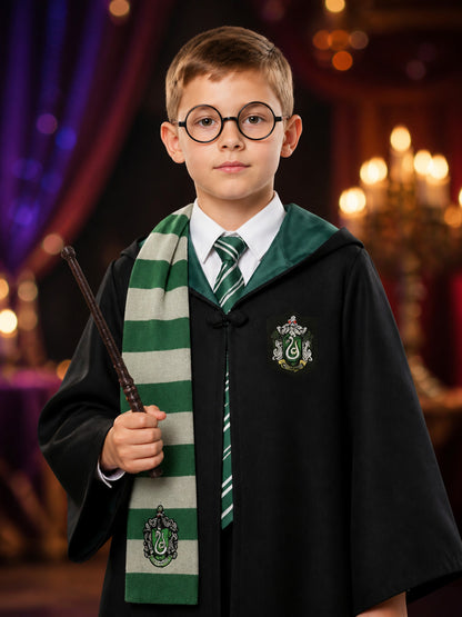 Kids Wizard Costume Set, Black Hooded Robe with Green Striped Scarf, Tie, Wand &