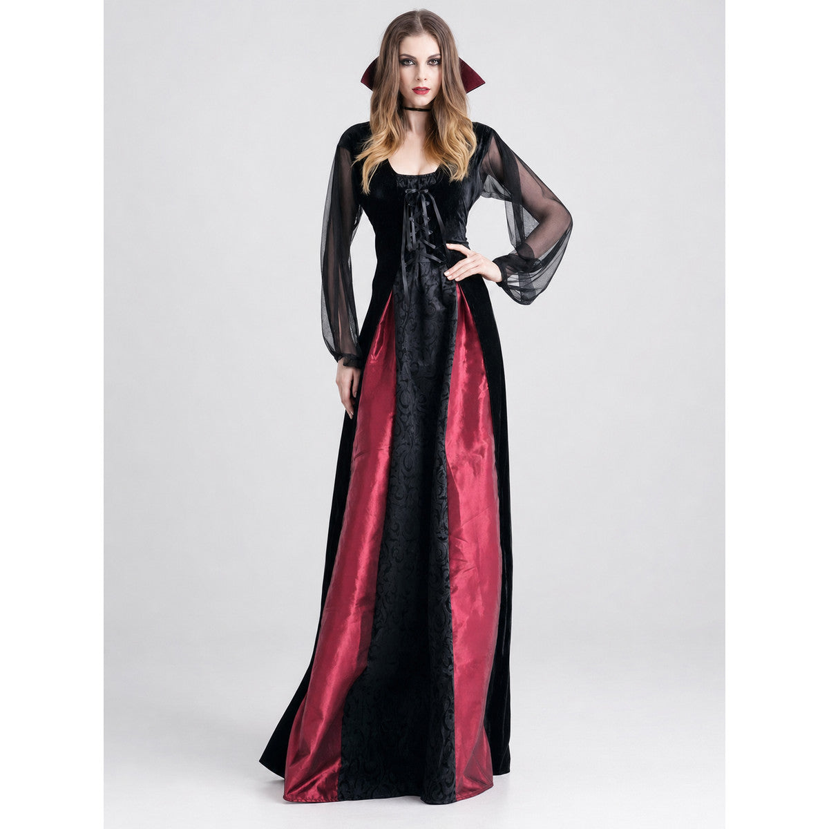 Gothic Halloween Costume Dress with Collar on-model view