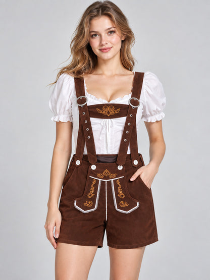 Brown Bavarian-Style Shorts with Suspenders and Embroidery