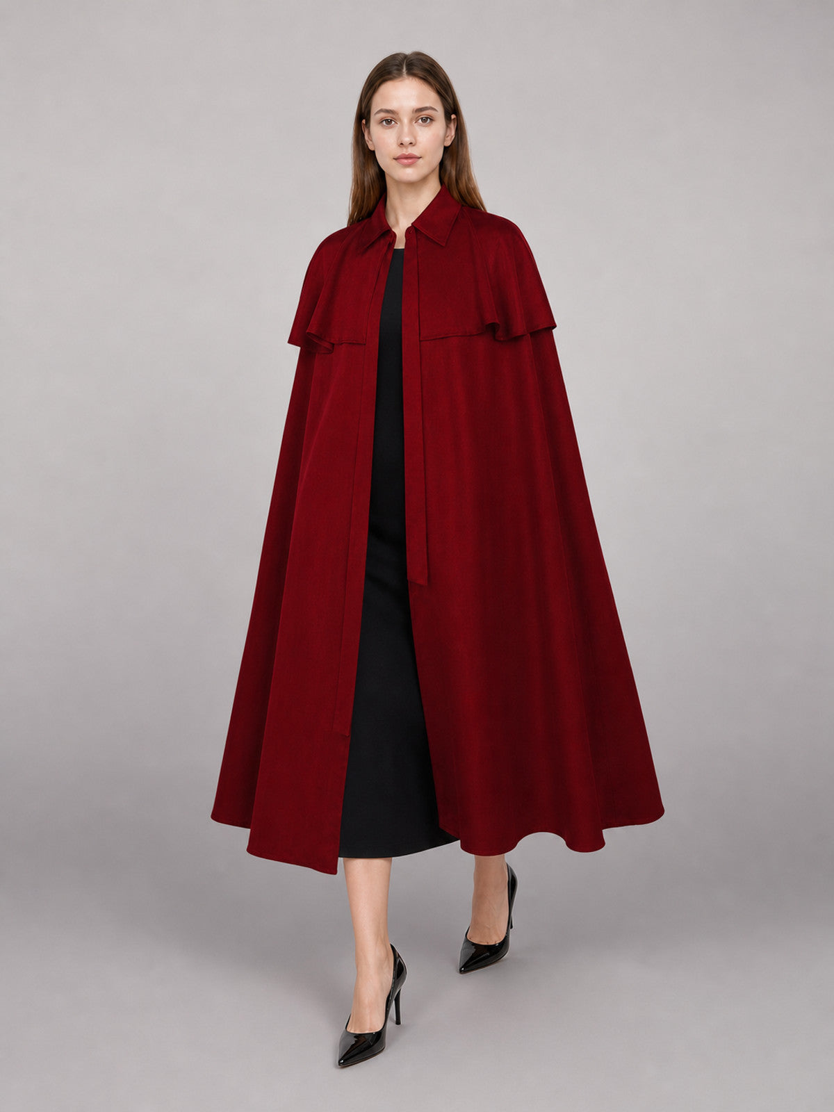 Burgundy Dress with a Collar and Flared Hem front view