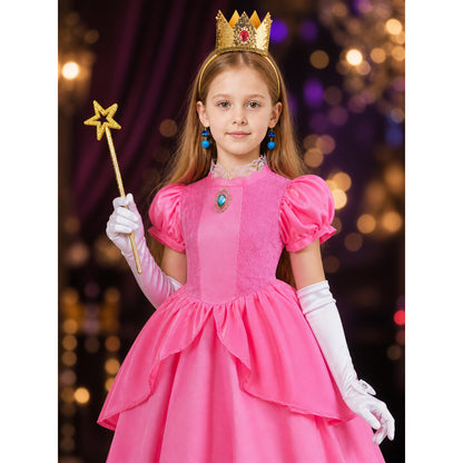 Girls Princess Peach Puffy Sleeve Costume Set with Crown and Wand for Halloween on-model view