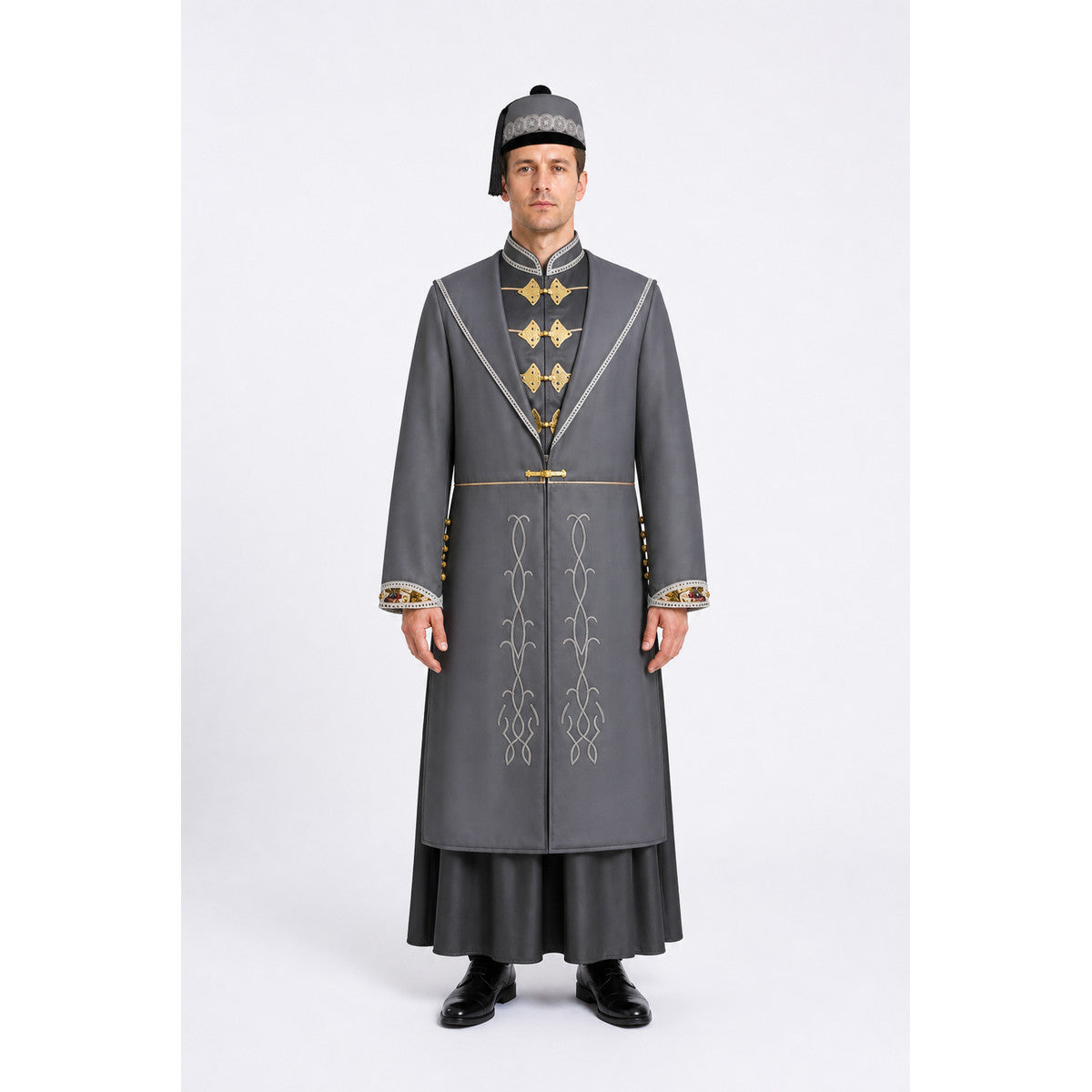 Man wearing a gray Dumbledore wizard robe with gold-tone closures, dark underdress and round embroidered hat, front view
