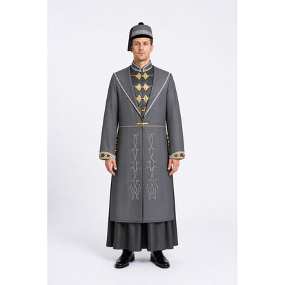 Man wearing a gray Dumbledore wizard robe with gold-tone closures, dark underdress and round embroidered hat, front view