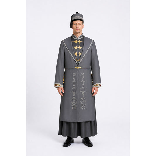 Man wearing a gray Dumbledore wizard robe with gold-tone closures, dark underdress and round embroidered hat, front view