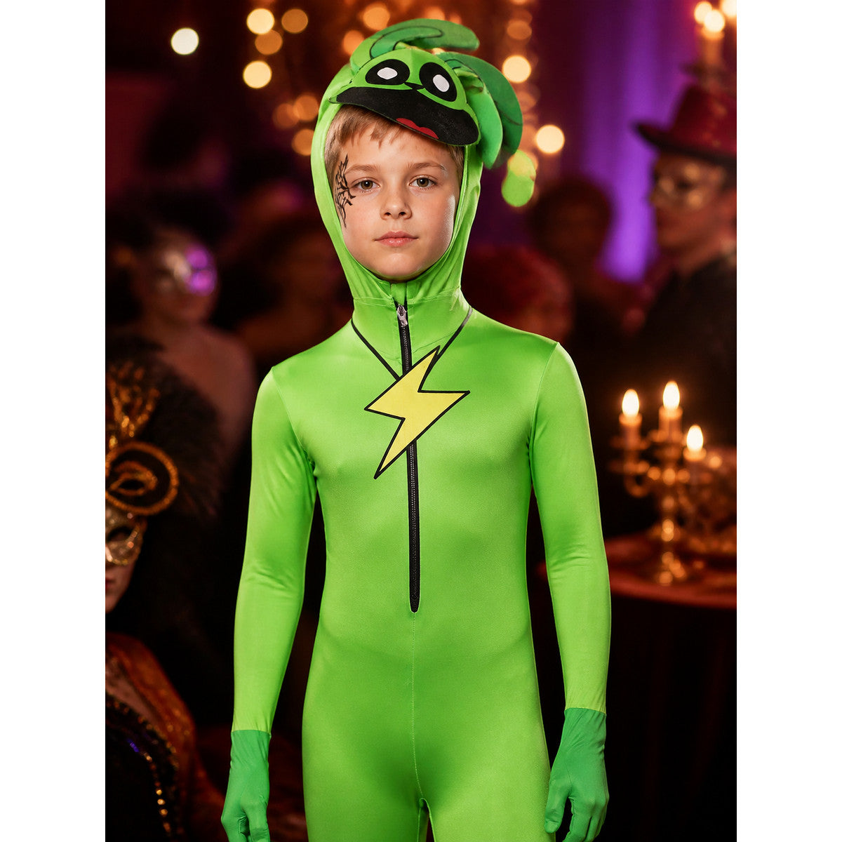 Unisex Green Rabbit Cosplay Bodysuit Costume with Lightning Print Hooded on-model view