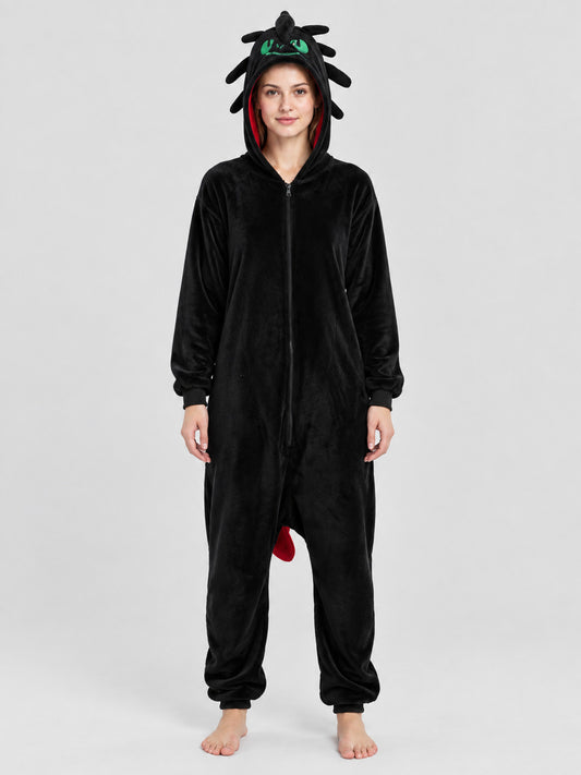 Black Flannel Pajama Jumpsuit with Dragon Hood