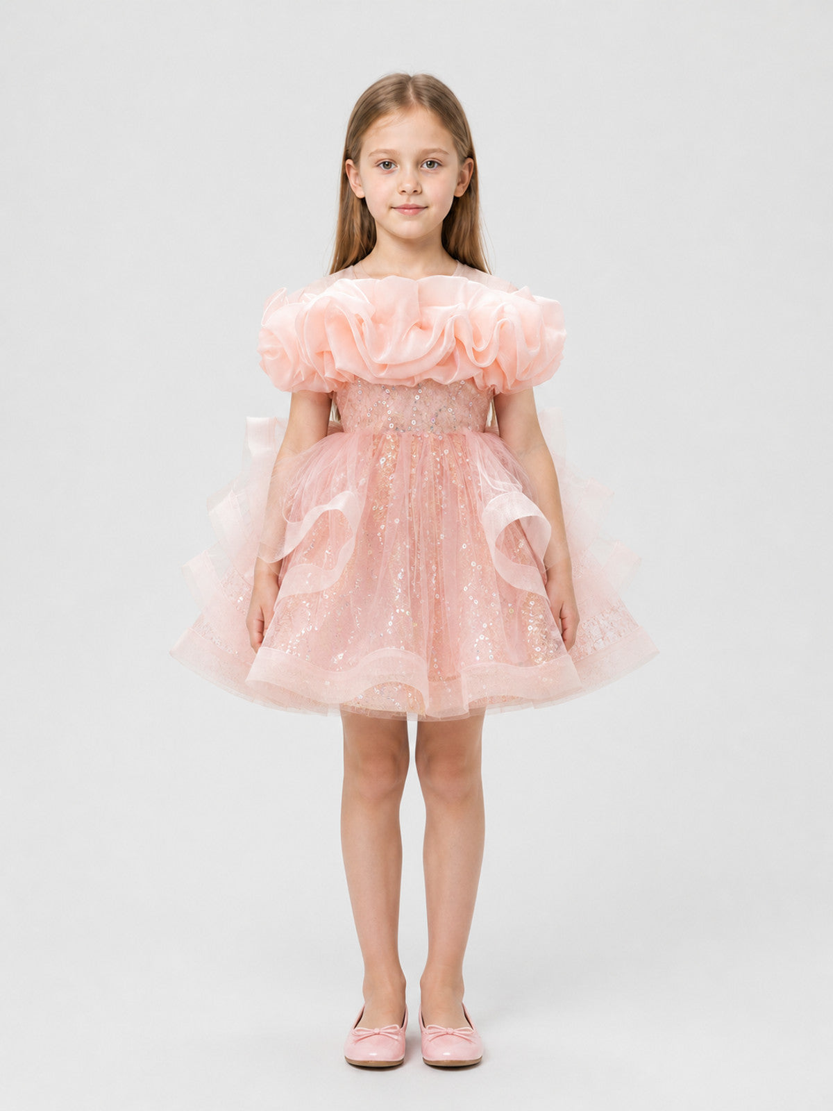 Festive Sequin Dress with Full Tulle Skirt on-model view