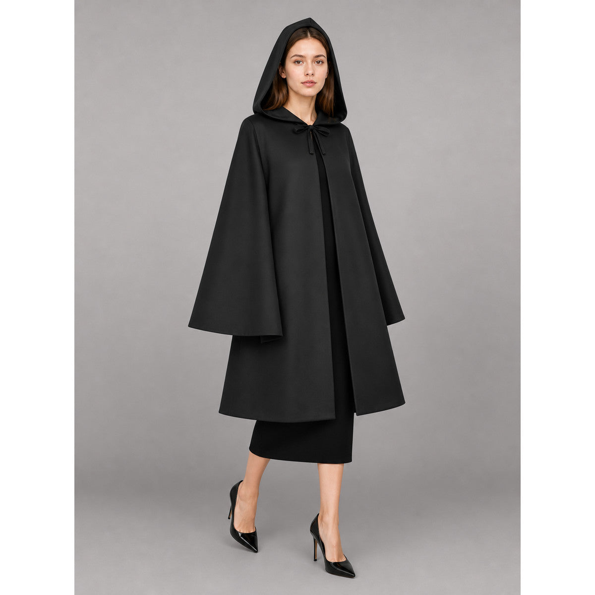 Black hooded carnival cloak for costumes front view