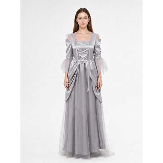 Gray cloak dress with sleeves and crisscross lacing