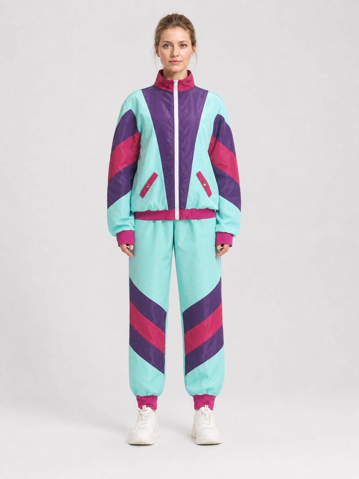 Color-Striped Jumpsuit with Zipper and Stand Collar on-model view