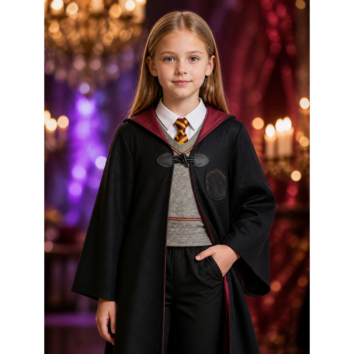 Kids' Wizard Costume Set, Hooded Robe, Gray Top and Black Pants on-model view