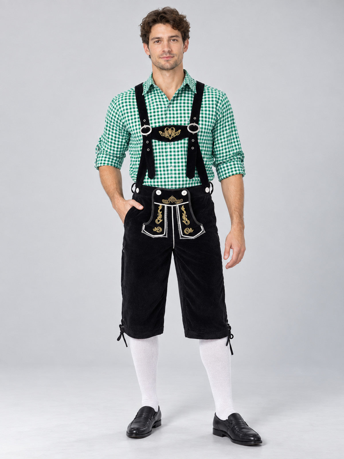 Oktoberfest Costume: Green Plaid, Black Breeches