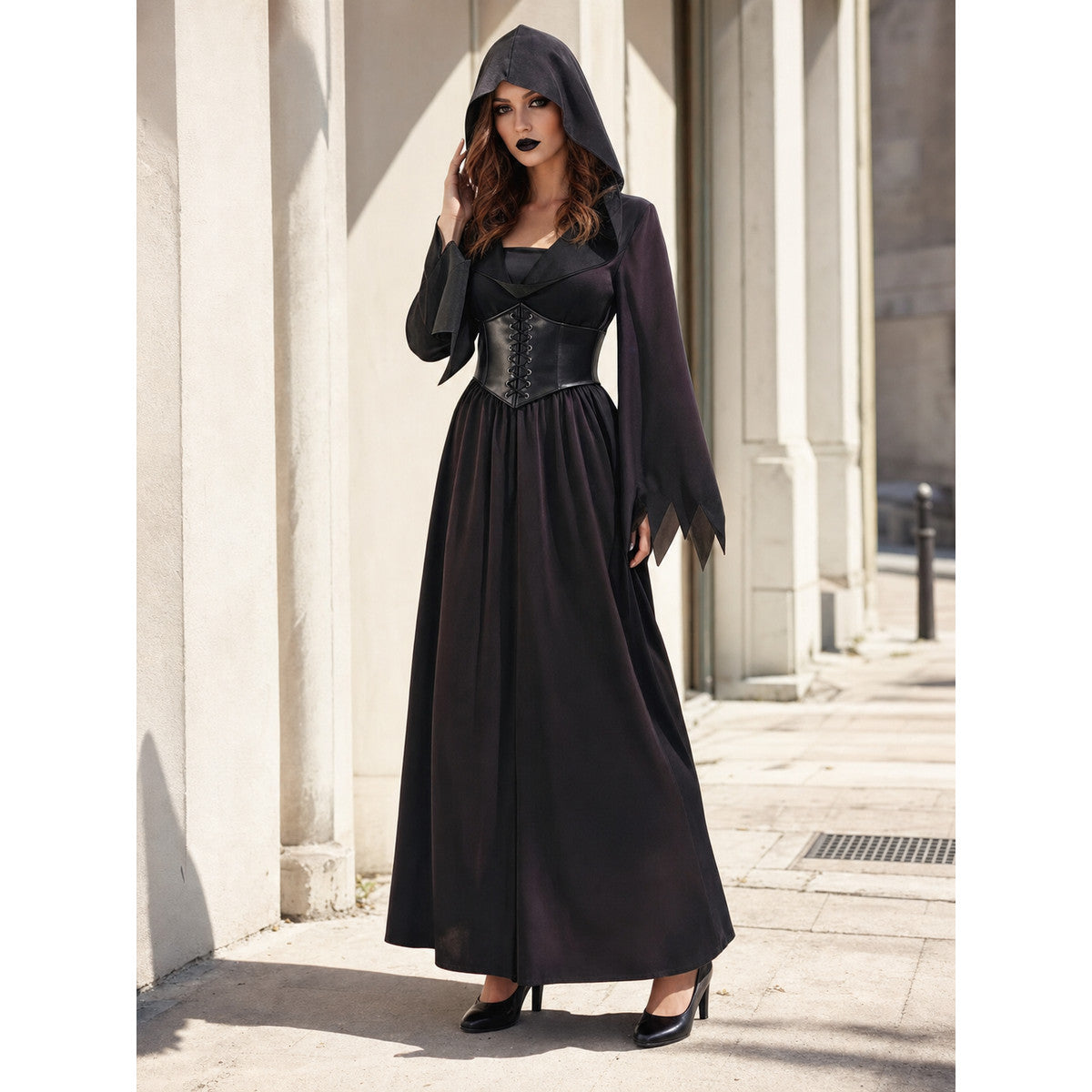 Vampire Cosplay Dress, Black, with Hood main product view