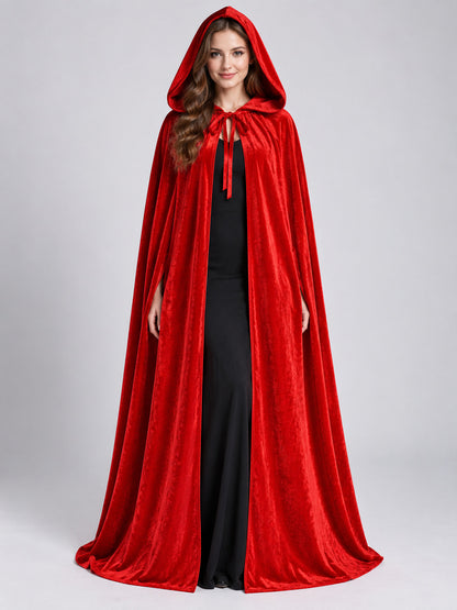 Long Bright Red Velvet Hooded Cloak Cape