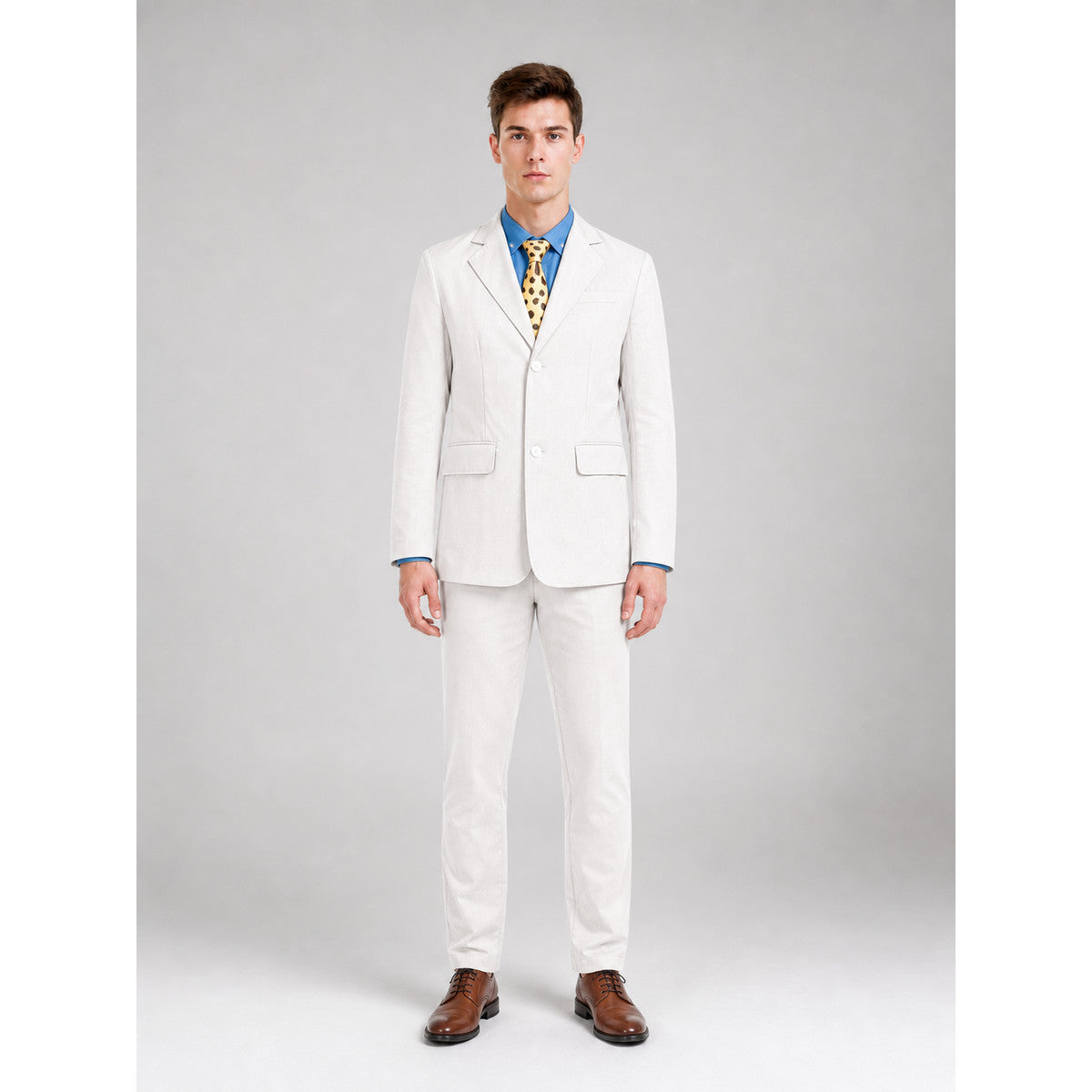 Trouser suit with shirt, suspenders, and tie on-model view