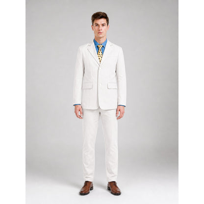 Trouser suit with shirt, suspenders, and tie on-model view