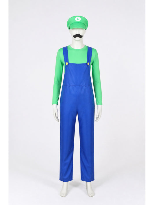 Green Luigi Cosplay Costume with Mustache and Hat main product view