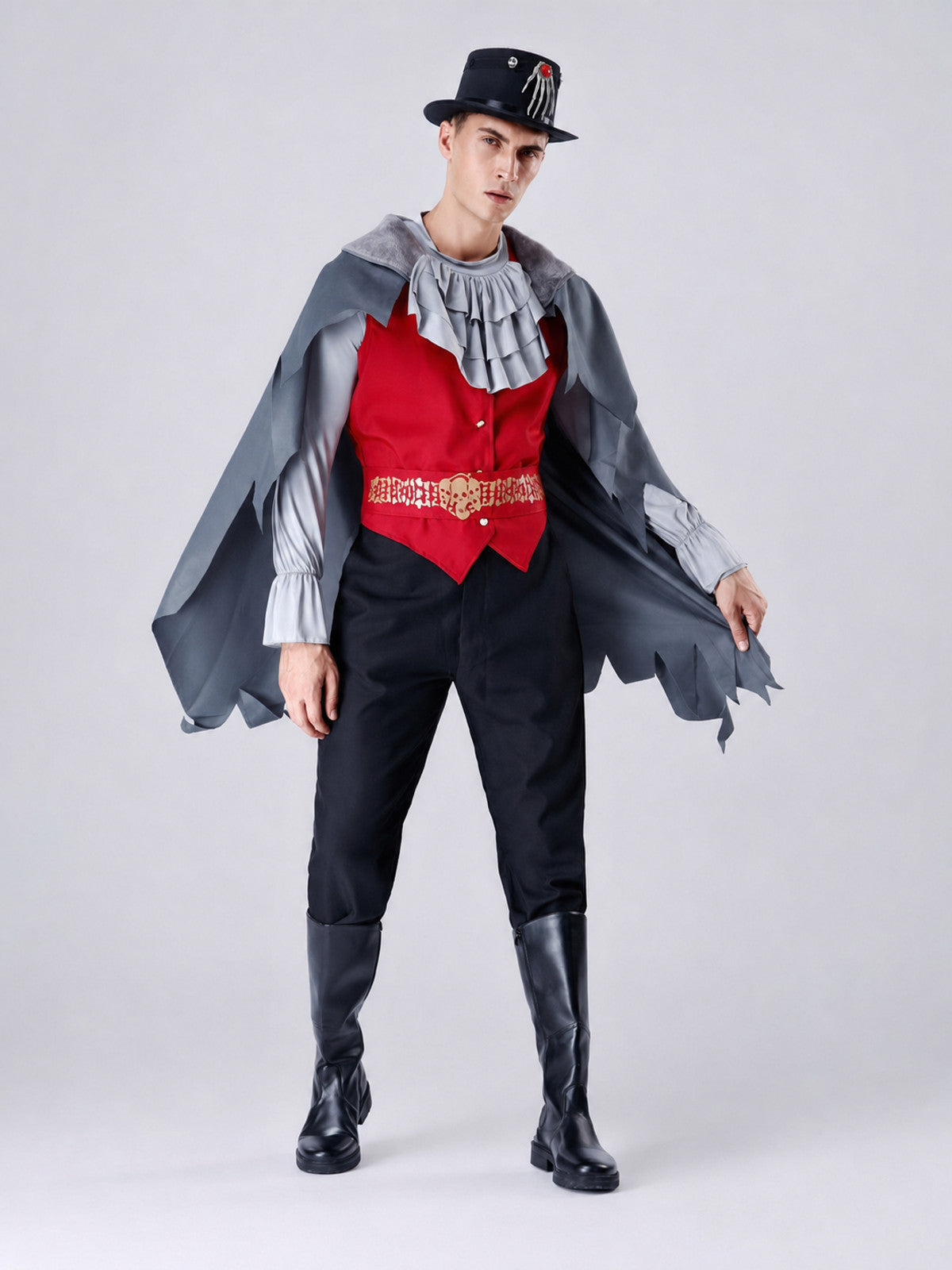 Halloween Vampire Costume with Cape and Hat on-model view