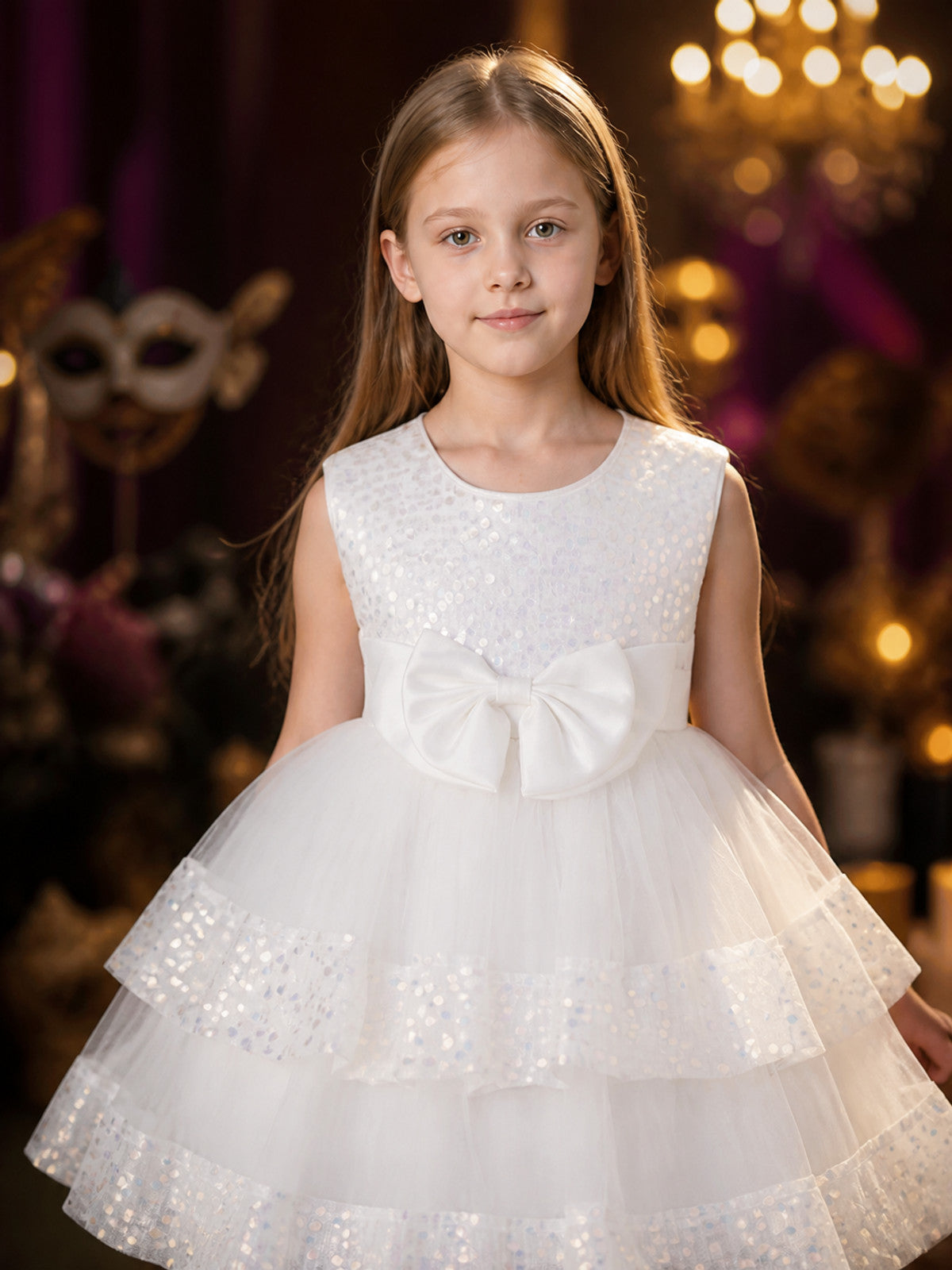 Baby Girls' Sequin Tulle Princess Dress with Large Bow, Layered Skirt on-model view