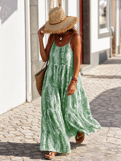 Women's Long Dress with Spaghetti Straps, Green and White